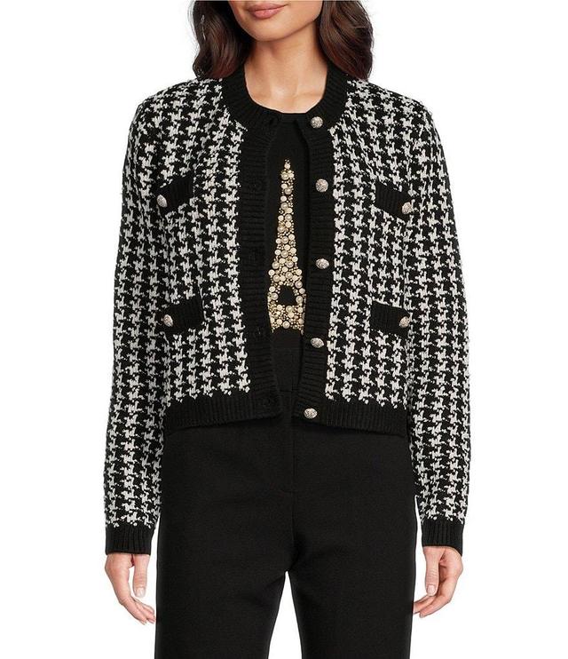 KARL LAGERFELD PARIS Houndstooth Flap Pocket Long Sleeve Button Front Cardigan Product Image