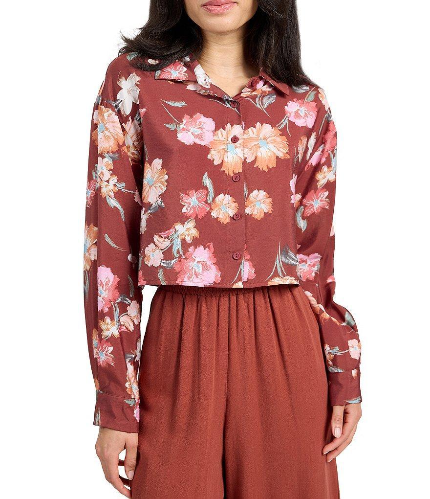 Sadie & Sage Floral Wine Button Front Cropped Shirt Product Image