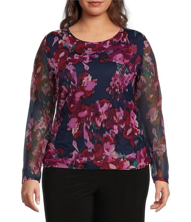 Investments Plus Size Soft Separates Floral Mesh Long Sleeve Crew Neck Top Product Image