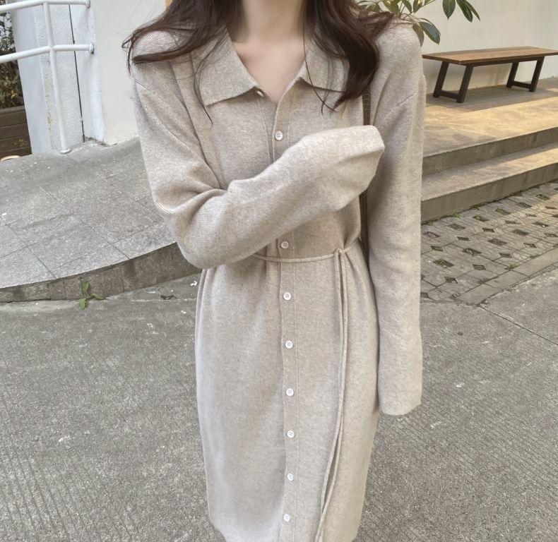 Long-Sleeve Collar Button Sashed Midi Sweater Dress Product Image