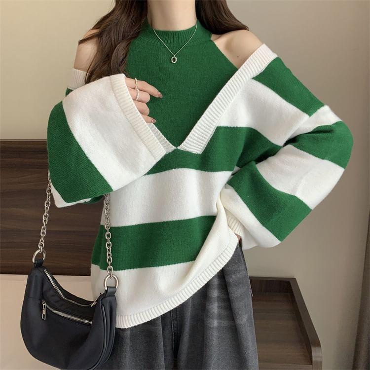 Cold Shoulder Striped Mock Two Piece Oversized Sweater Product Image