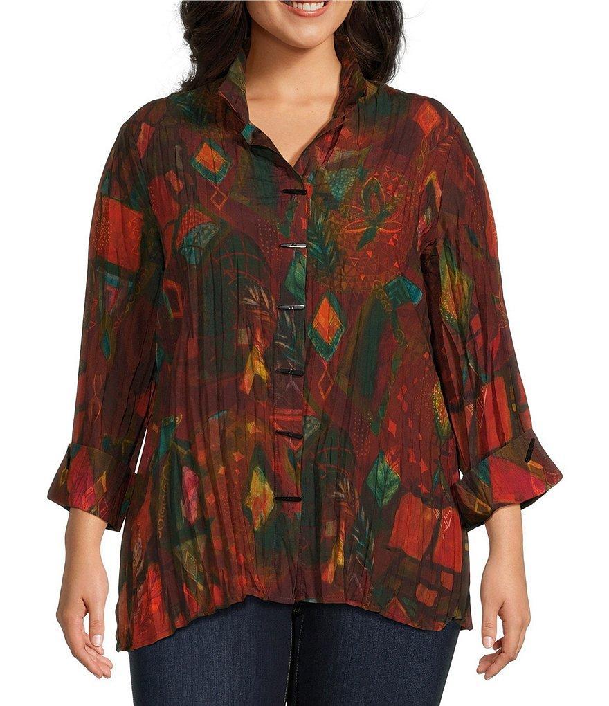 Ali Miles Plus Size Printed Collared 3/4 Sleeve Button Down Top product image