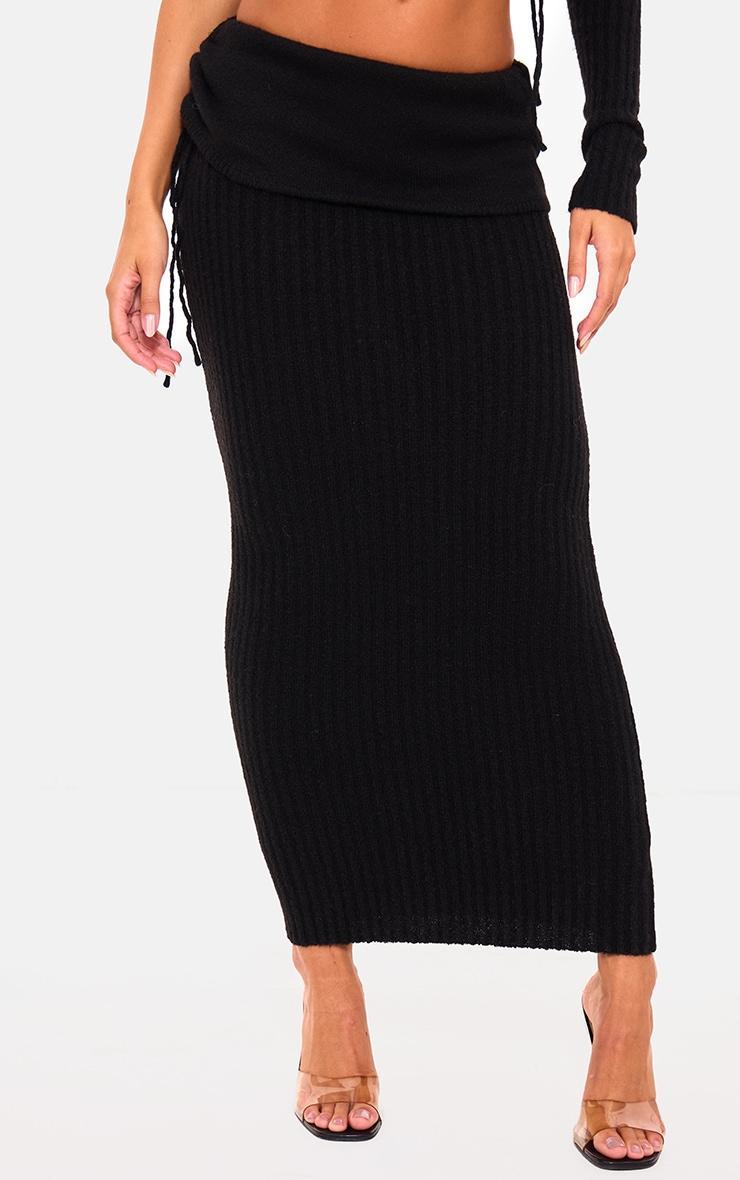 Black Ribbed Knit Ruched Fold Over Maxi Skirt Product Image