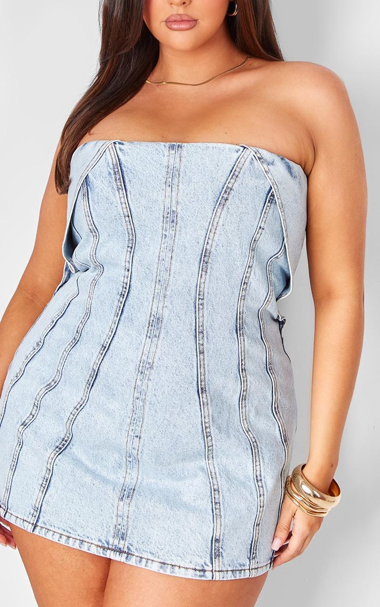 Plus Light Blue Seam Fold Over Bust Detail Denim Dress Product Image