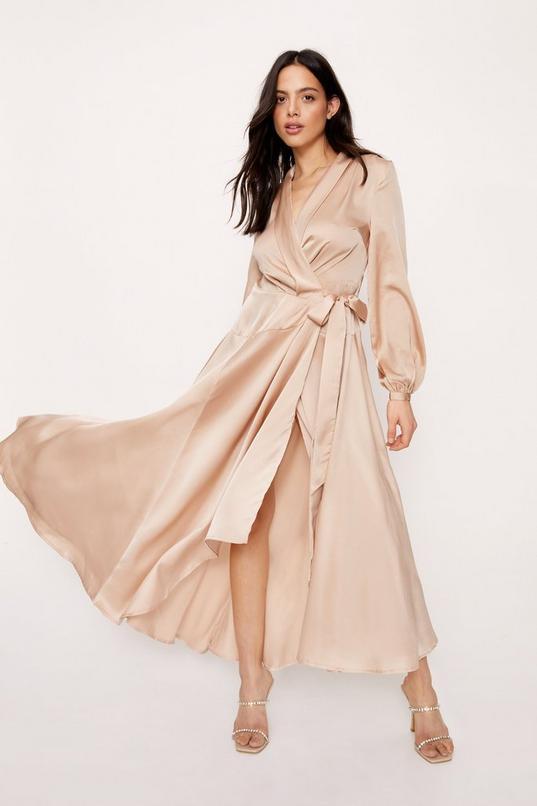 Satin Long Sleeve Maxi Wrap Dress Product Image