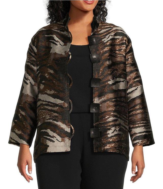 Caroline Rose Plus Size Tigress Animal Print Jacquard Mandarin Neck Bracelet Sleeve Button Front Statement Jacket Product Image