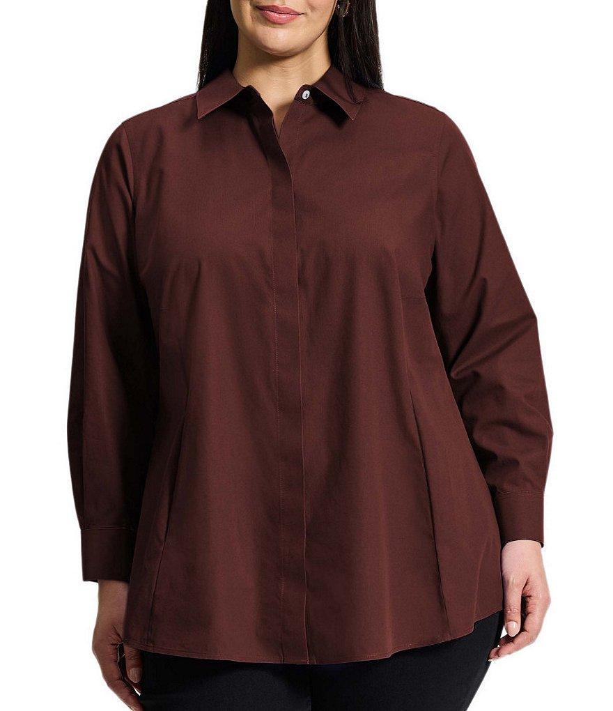 Foxcroft Plus Size Cici Solid Non-Iron Pinpoint Oxford Long Sleeve Point Collar Button Front Tunic Product Image