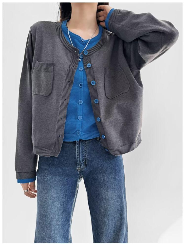 Crewneck Two Tone Button-Up Crop Jacket Product Image