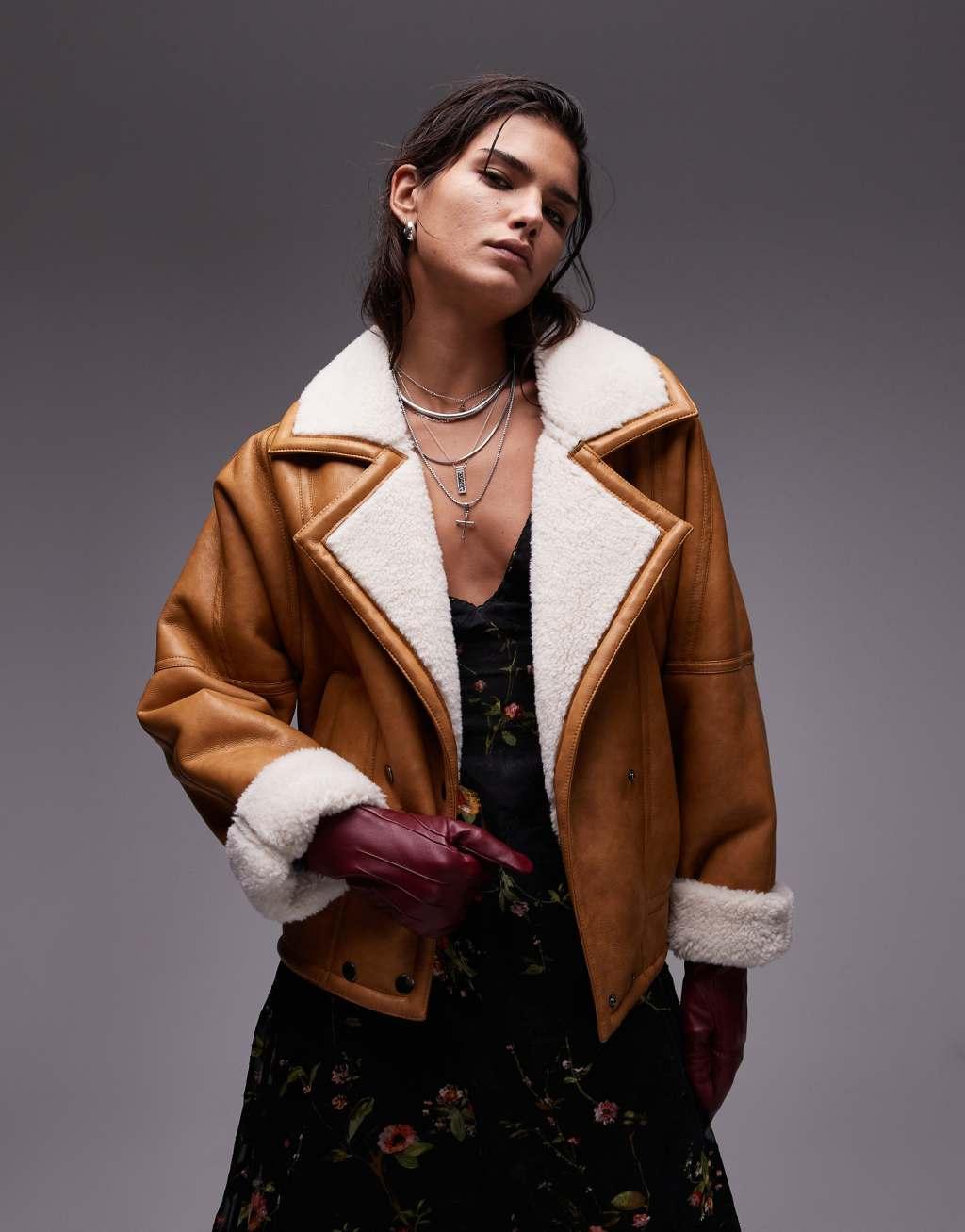 Topshop shearling jacket in tan Product Image