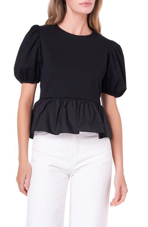 English Factory Mixed Media Puff Sleeve Peplum Top Product Image