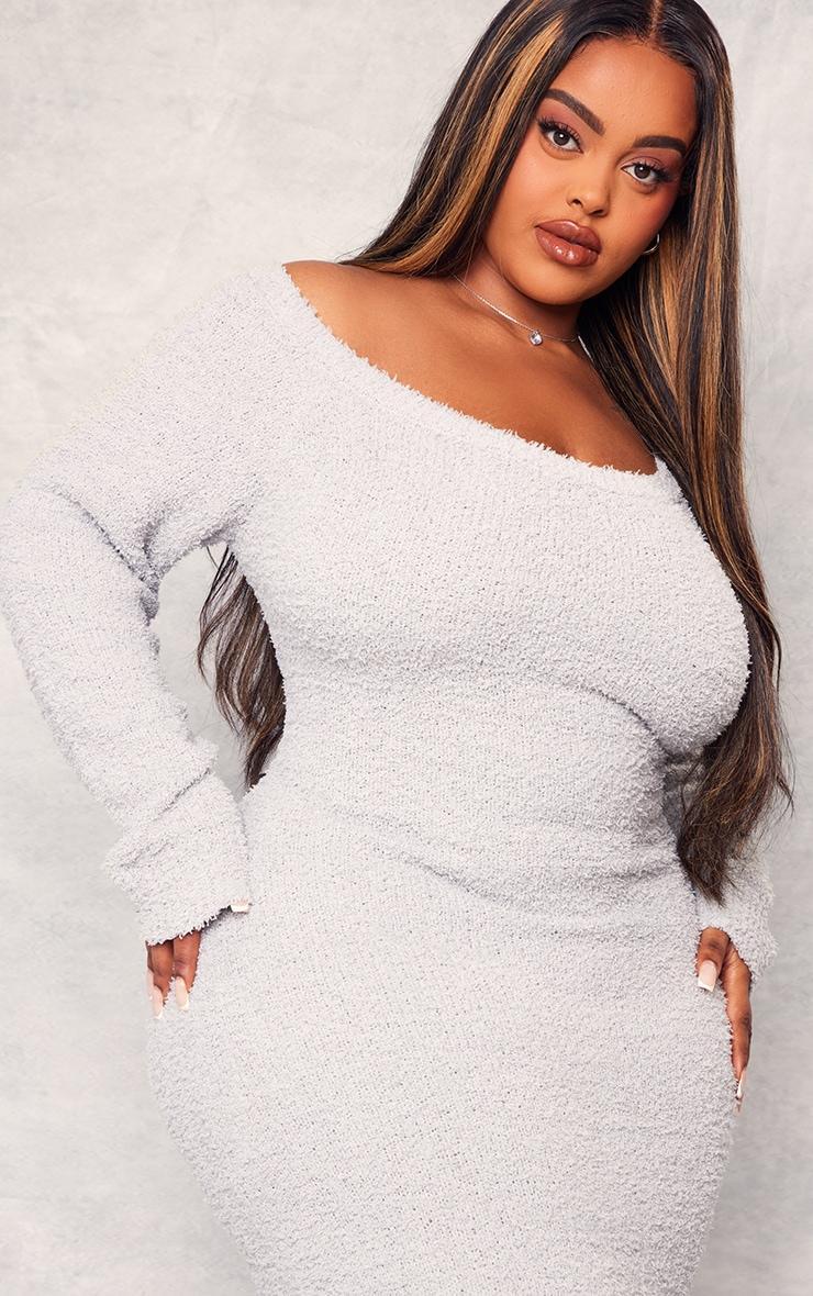 Plus Grey Teddy Knit Off Shoulder Maxi Dress Product Image