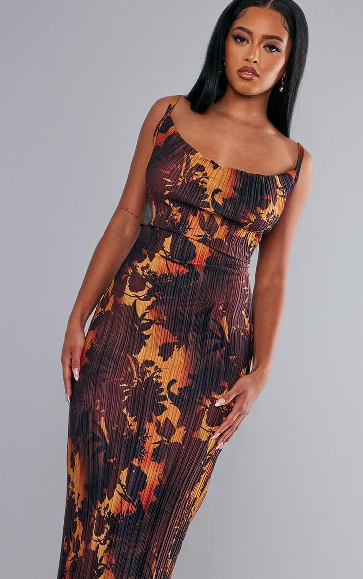 Brown Floral Ombre Plisse Strappy Maxi Dress Product Image