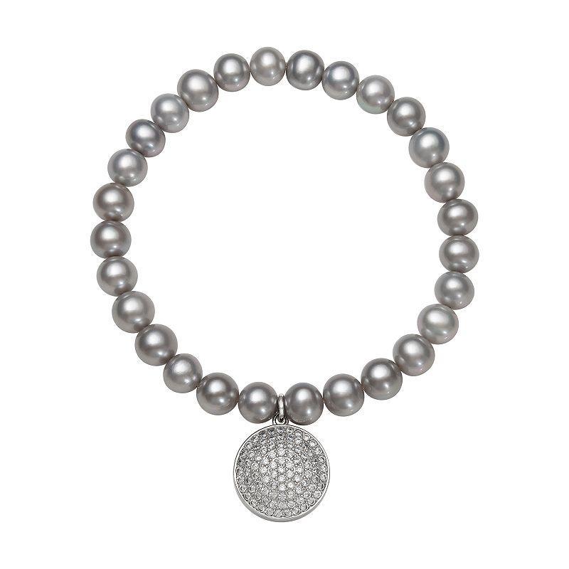 Sterling Silver Gray Freshwater Pearl & Cubic Zirconia Circle Charm Stretch Bracelet, Womens Product Image