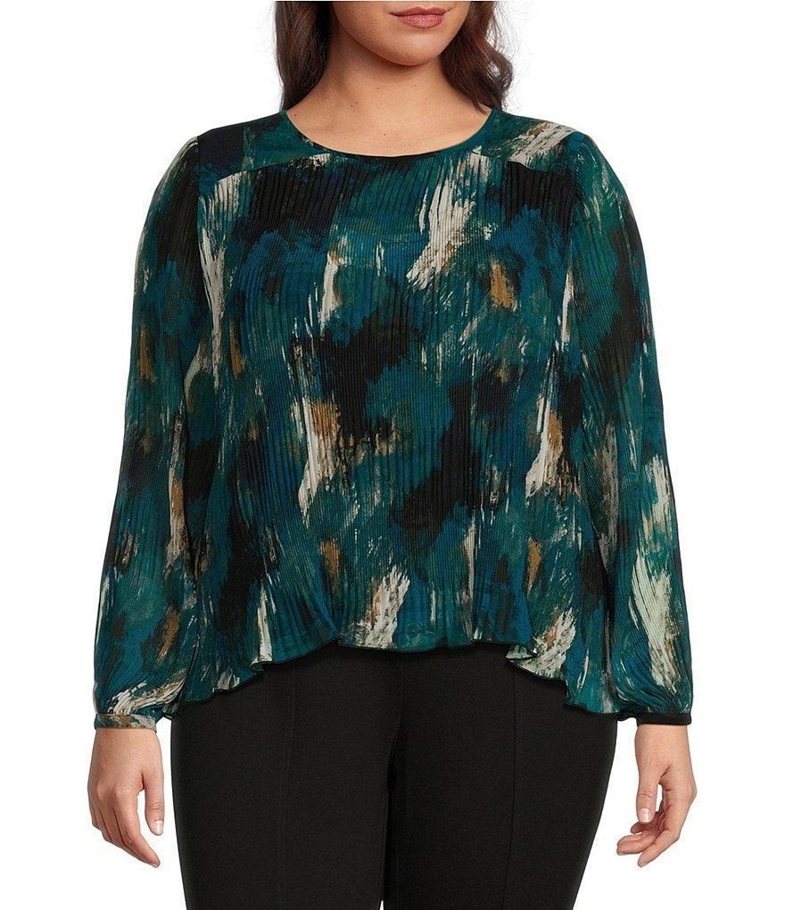 Calvin Klein Plus Size Printed Crew Neck Long Sleeve Chiffon Micro Accordion Pleated Top Product Image