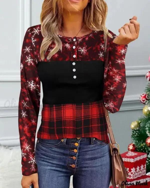 Olivia Mark – Snowflake Plaid Christmas Long Sleeve Top Product Image