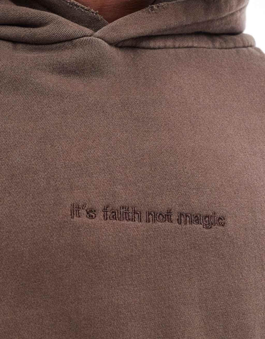 Pull&Bear it's faith printed hoodie in washed brown Product Image