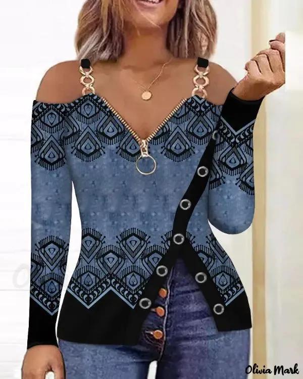 Olivia Mark – Tribal Print Zip Off Shoulder Top Product Image