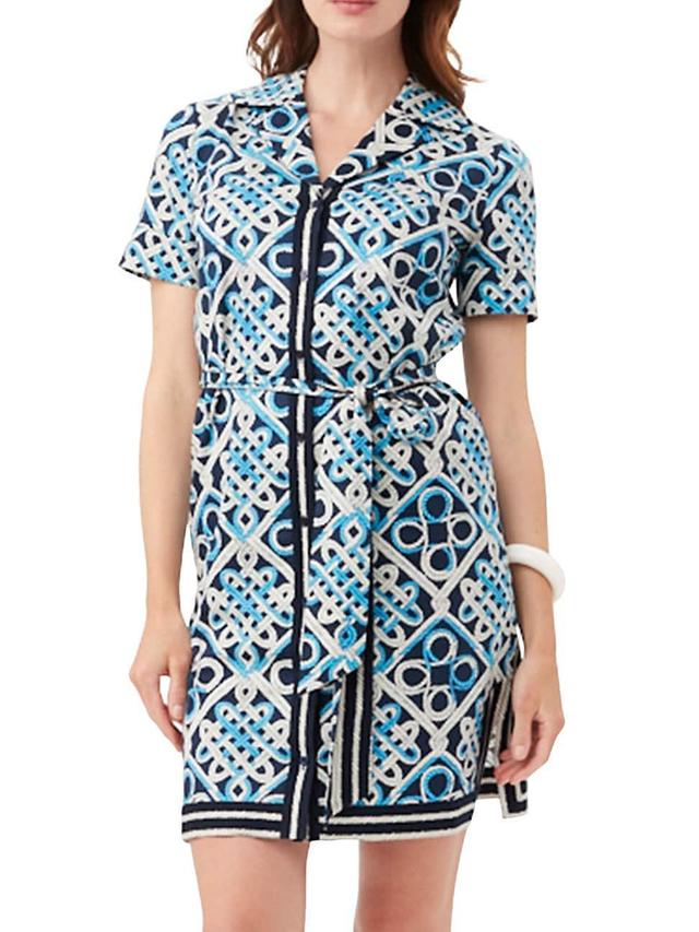 Trina Turk Annabel Cotton Sateen Nautical Print Notch Lapel Collar Short Sleeve Belted Shirt Dress Product Image