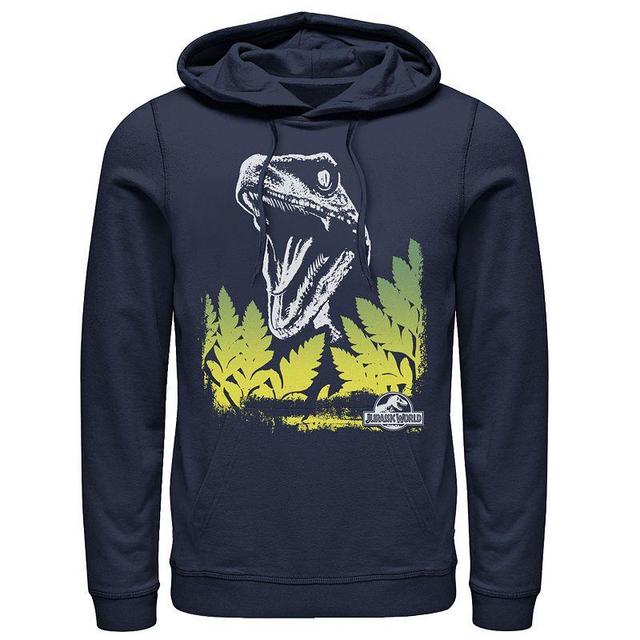 Mens Jurassic World Raptor Roaring Behind Bushes Graphic Pullover Hoodie Blue Product Image