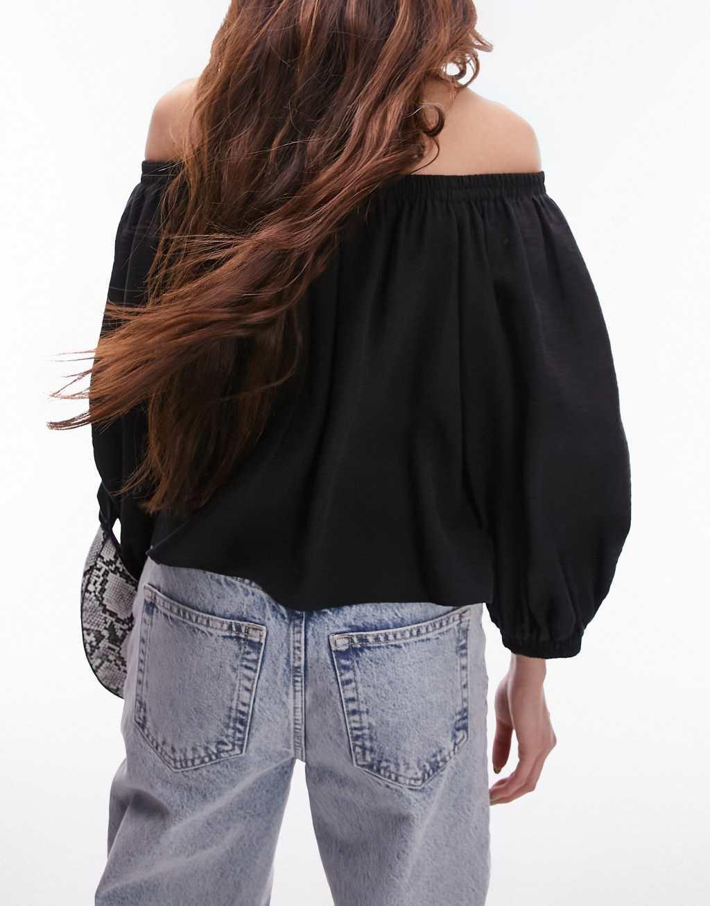 Topshop balloon sleeve bardot top in black  Product Image