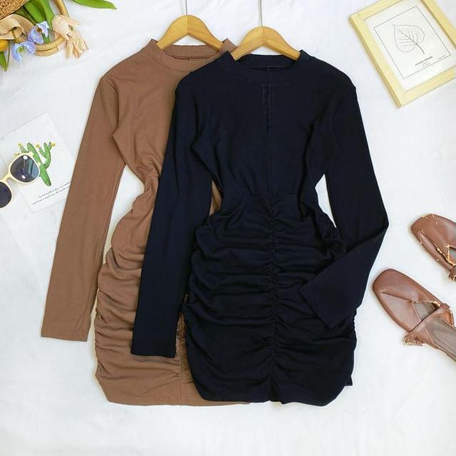 Long Sleeve Crew Neck Plain Ruched Bodycon Mini Dress Product Image