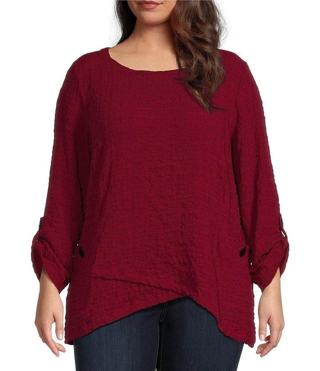 Ali Miles Plus Size Solid Puckered Woven Crew Neck Roll-Tab Sleeve Button Accent Detail Tunic Product Image