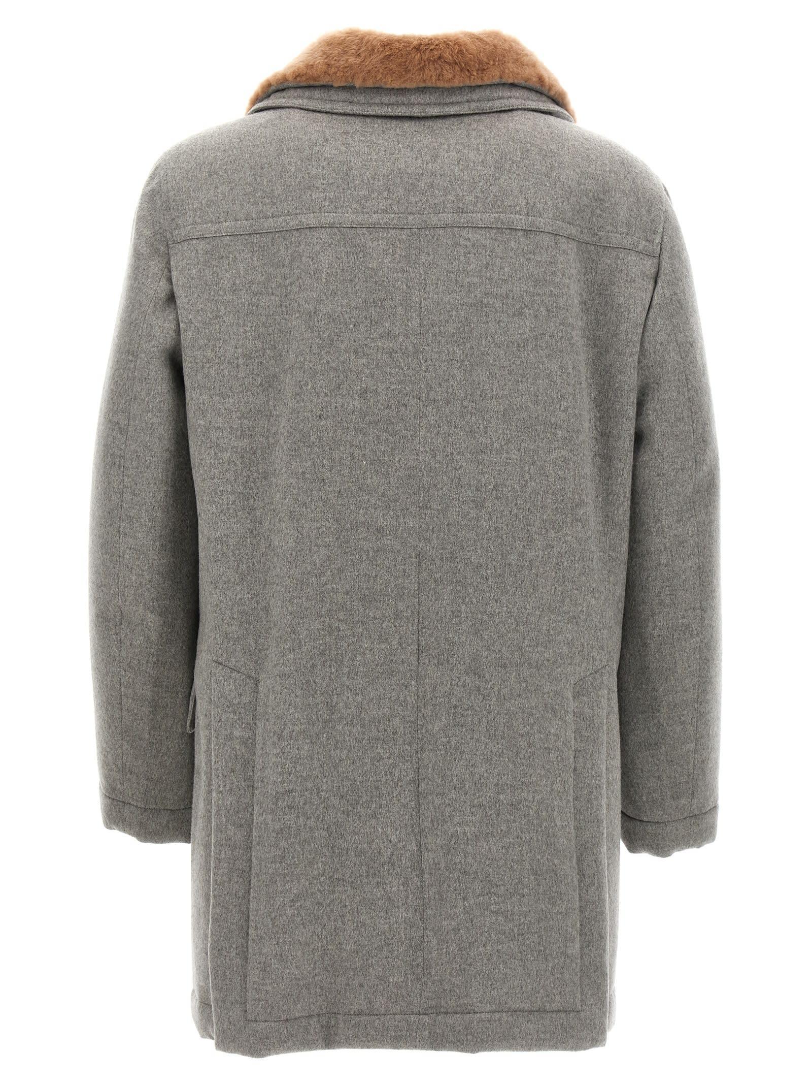 BRUNELLO CUCINELLI Cashmere Coat With Shearling Collar In Grey Product Image