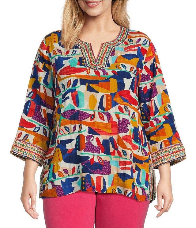 John Mark Plus Size Geometric Print Embroidered Split V-Neck 3/4 Sleeve Tunic Product Image