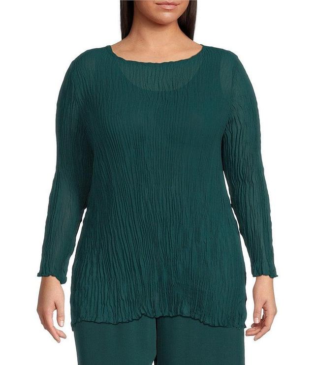 Eileen Fisher Plus Size Crinkle Sheer Silk Georgette Boat Neck Long Sleeve Tunic Product Image