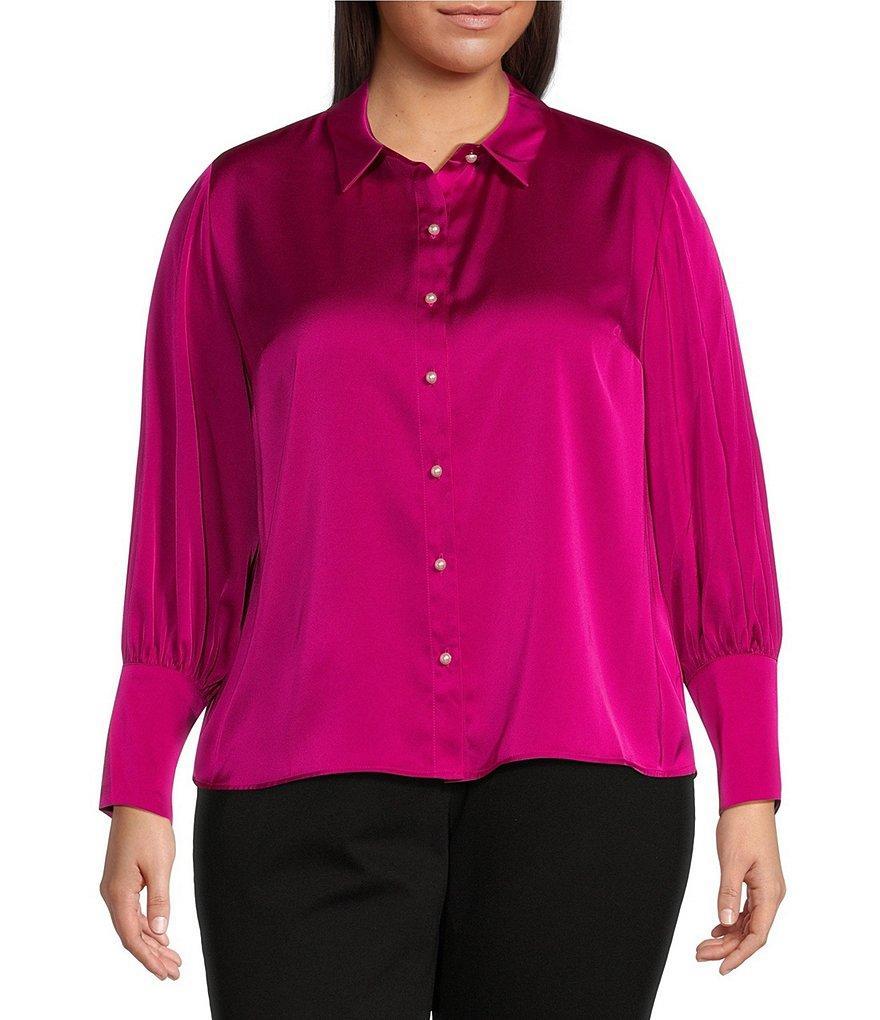 CeCe Plus Size Satin Point Collar Long Sleeve Tall Cuff Pearl Button Front Blouse Product Image