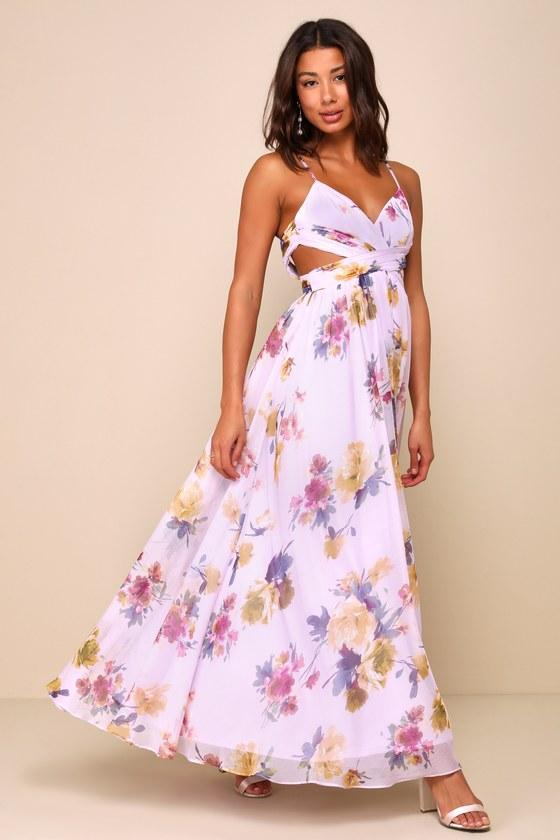 Exceptional Dream Lavender Floral Backless Cutout Maxi Dress Product Image