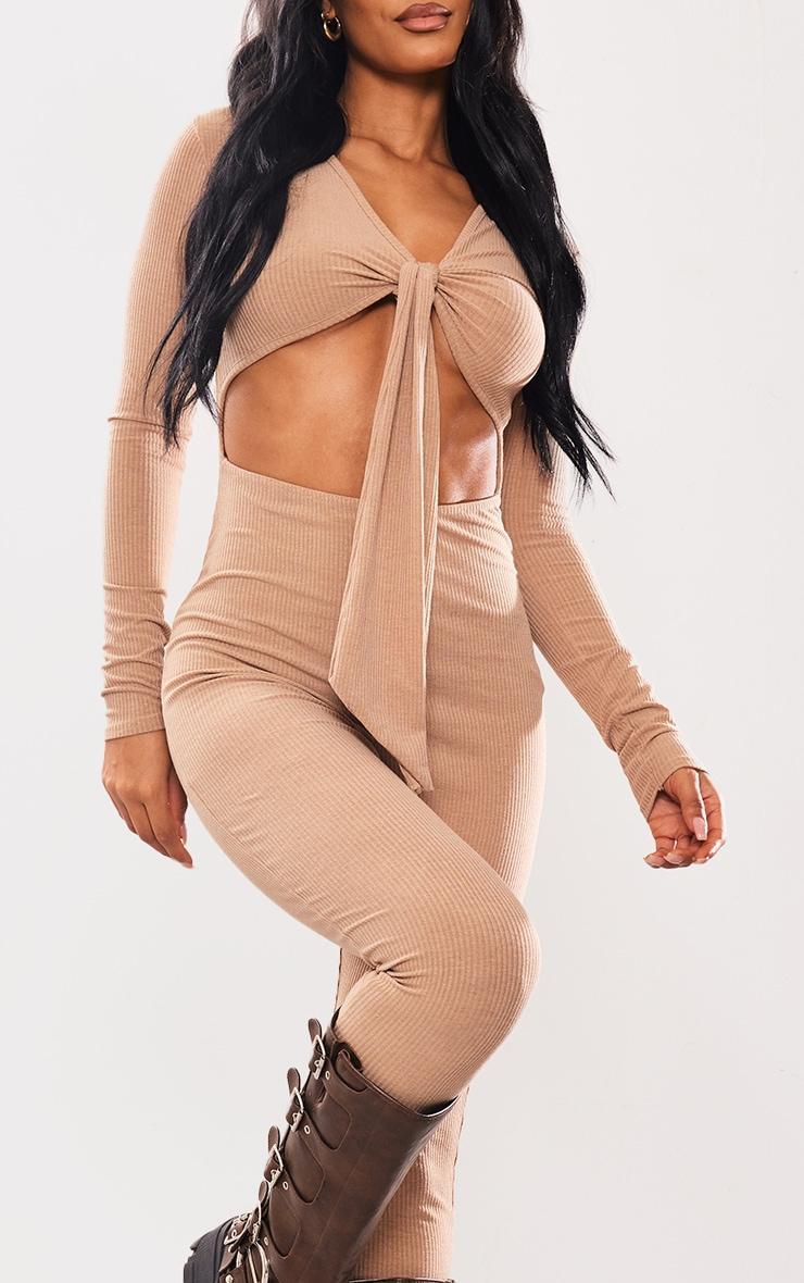 Taupe Ribbed Wrap Tie Long Sleeve Jumpsuit Product Image