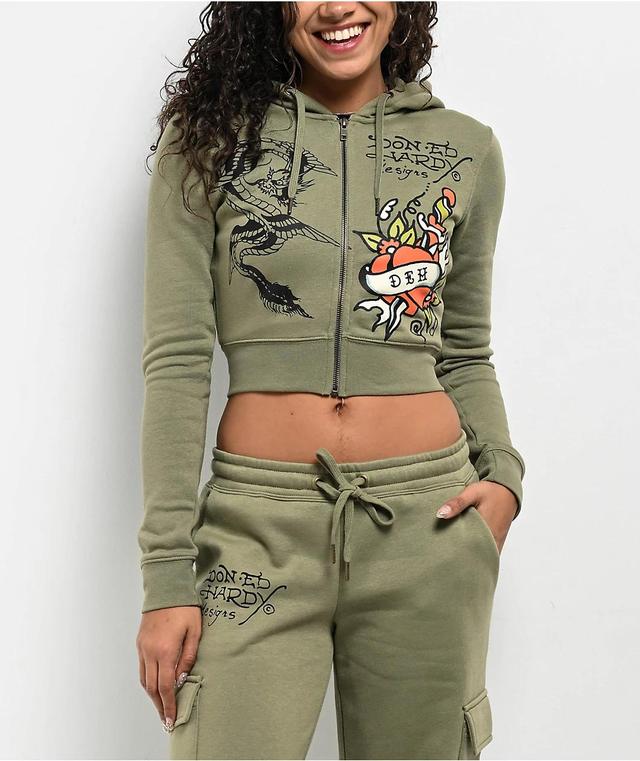 Ed Hardy Dragon Dagger Olive Crop Zip Hoodie Product Image