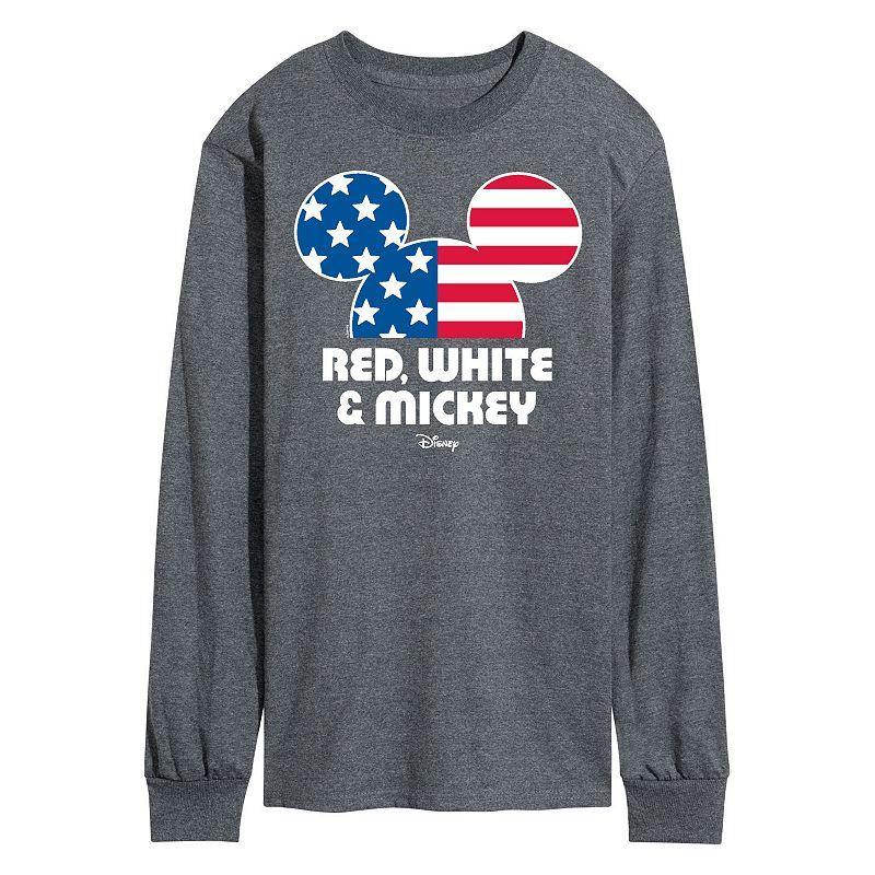 Disneys Mens Red White & Mickey Long Sleeve Graphic Tee Product Image