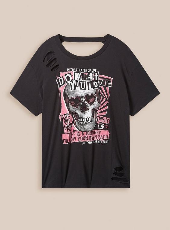 Do What You Love Skull Relaxed Fit Cotton Crew Neck Open Back Distressed Tee Product Image