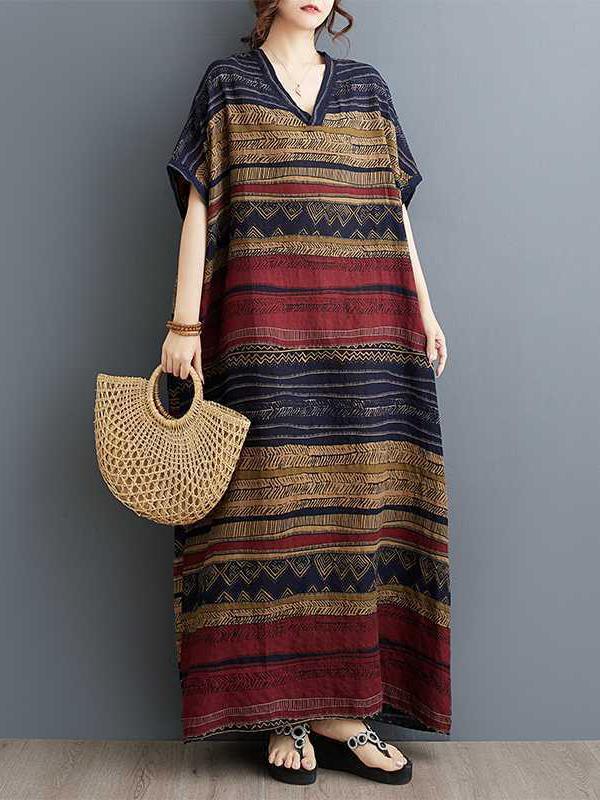 A-Line Batwing Sleeves Split-Joint Striped V-Neck Maxi Dresses Product Image