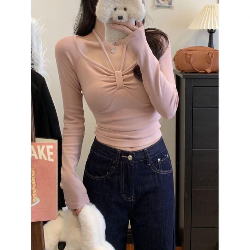 Long Sleeve Cold Shoulder Plain Bow Top Product Image