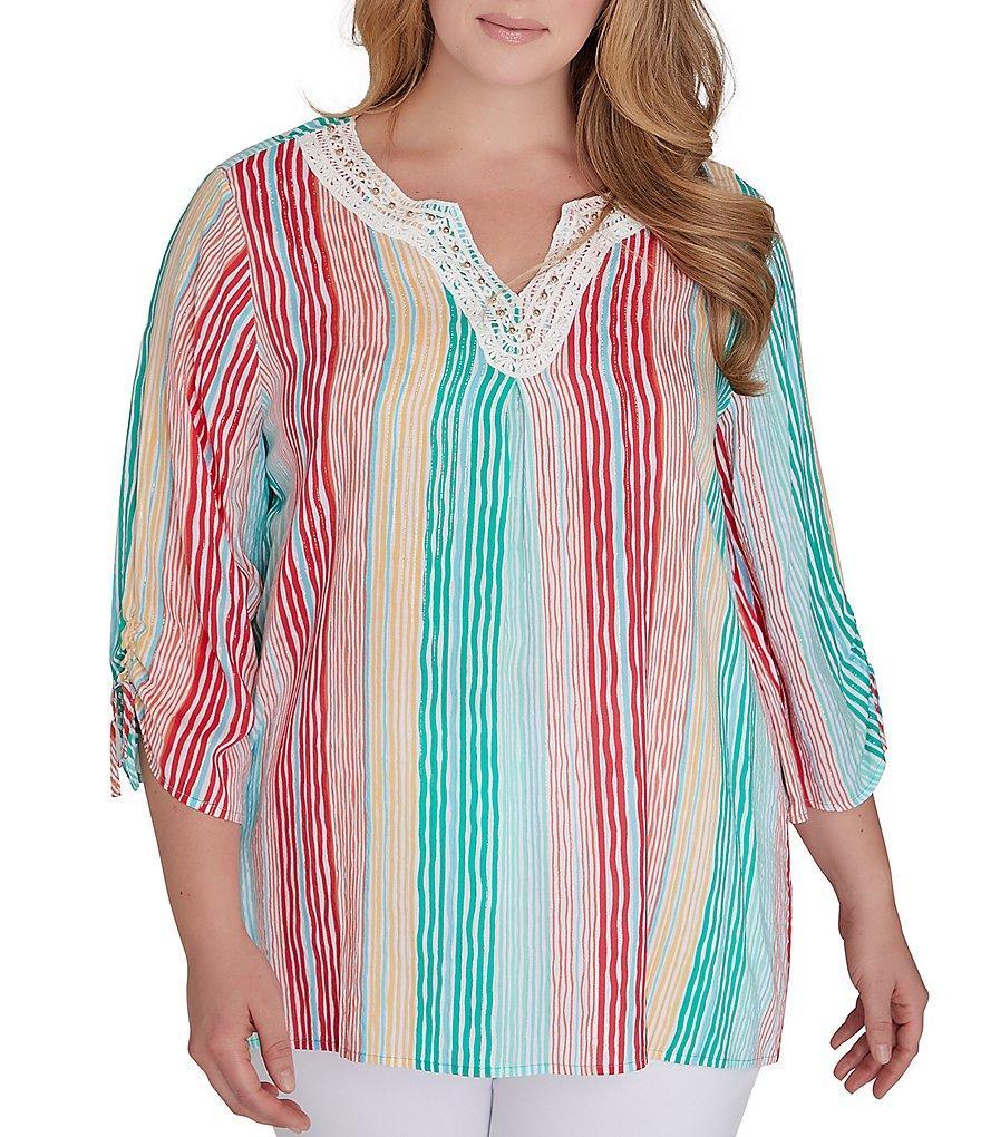 Ruby Rd. Plus Size Woven Metallic Wavy Stripe Embroidered Beaded Split V-Neck Ruched 3/4 Sleeve Top Product Image