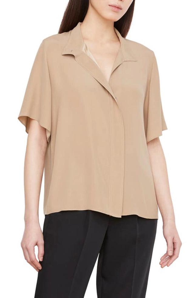 Stand Collar Silk Blend Blouse In Pale Wheat Product Image