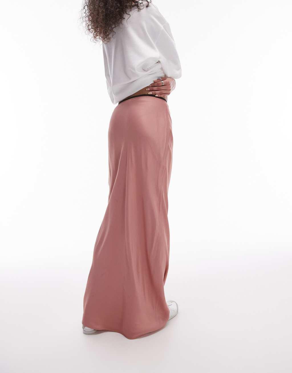 Topshop satin maxi bias skirt with elastic trim in pink Product Image