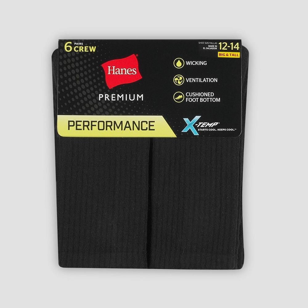 Men's Big & Tall Hanes Premium Performance Cushioned Crew Socks 6pk - Black 12-14 Product Image