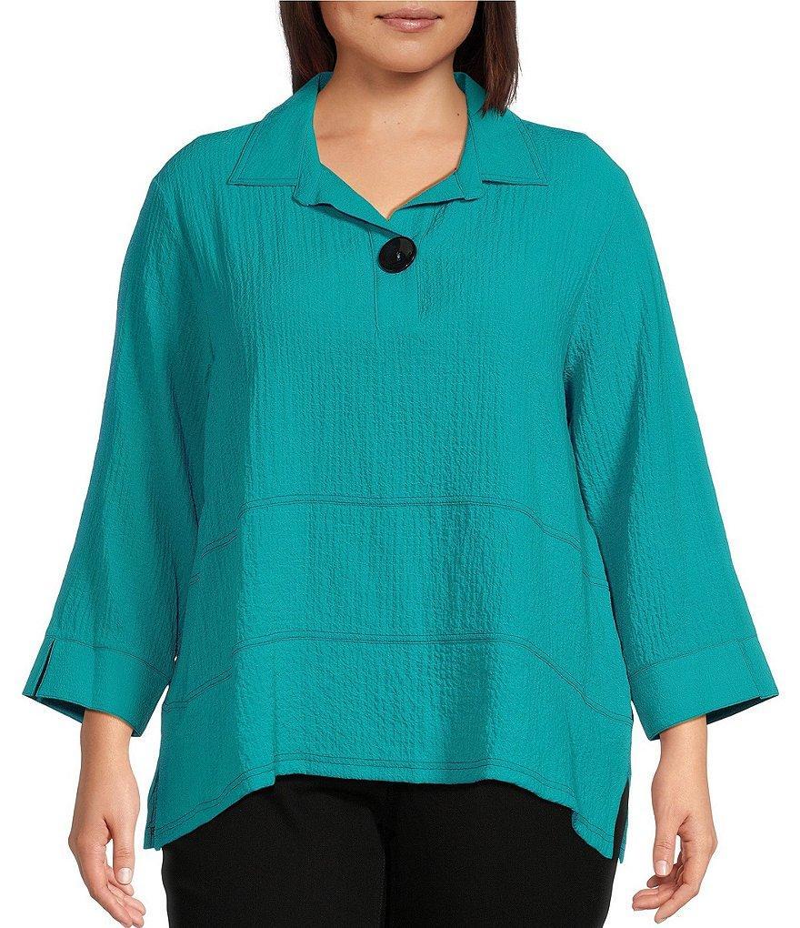 Ali Miles Plus Size Woven Point Collar 3/4 Sleeve Top Product Image