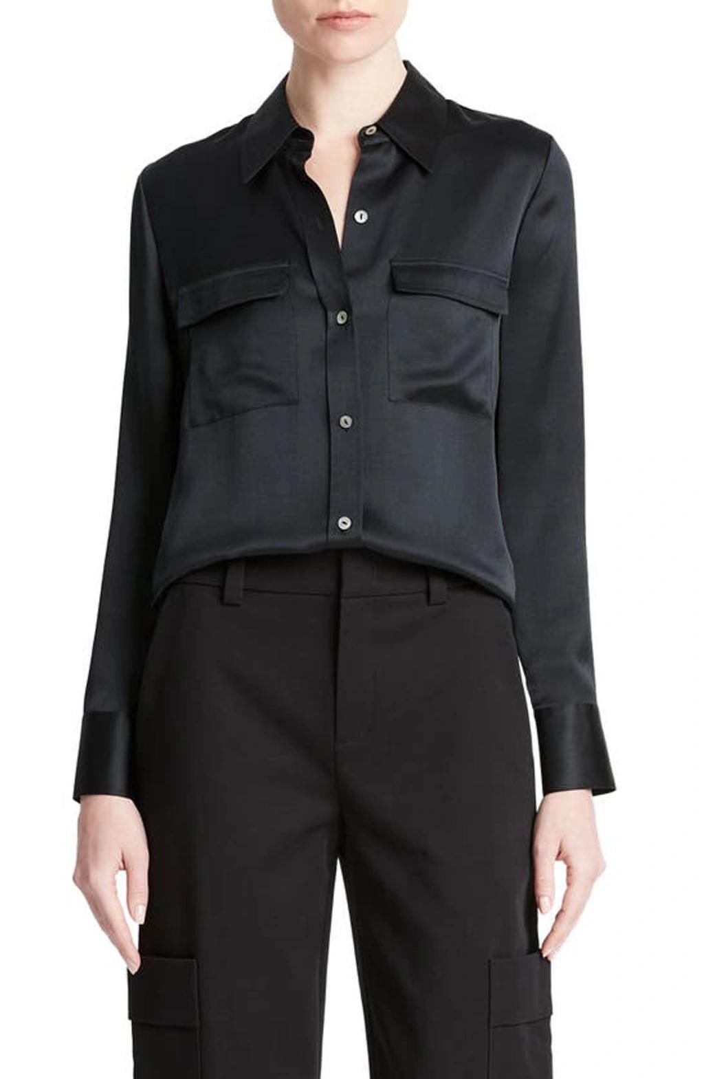 Chest Pocket Satin Shirt In Black Product Image