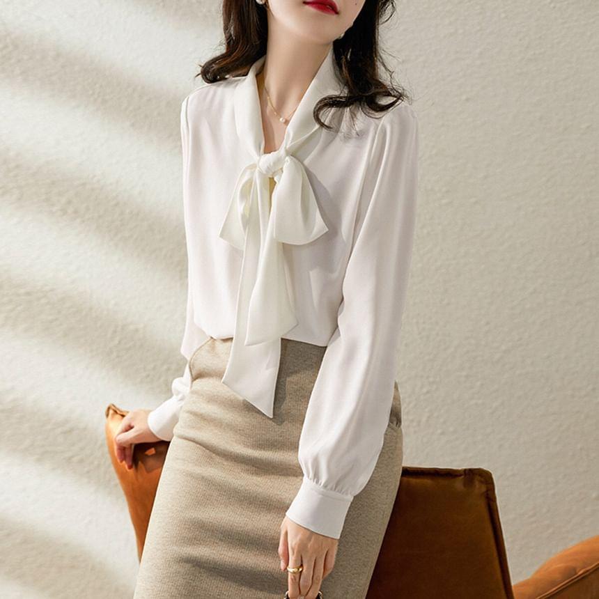 Long-Sleeve Tie-Neck Plain Blouse Product Image