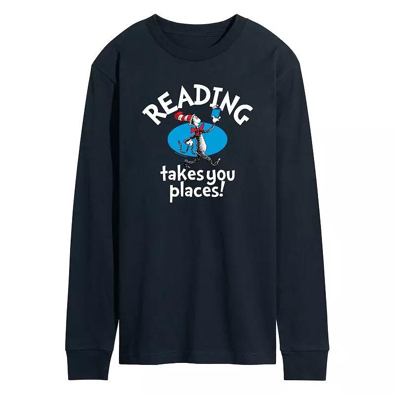 Mens Dr. Seuss The Cat in the Hat Reading Takes You Places Long Sleeve Graphic Tee Blue Product Image