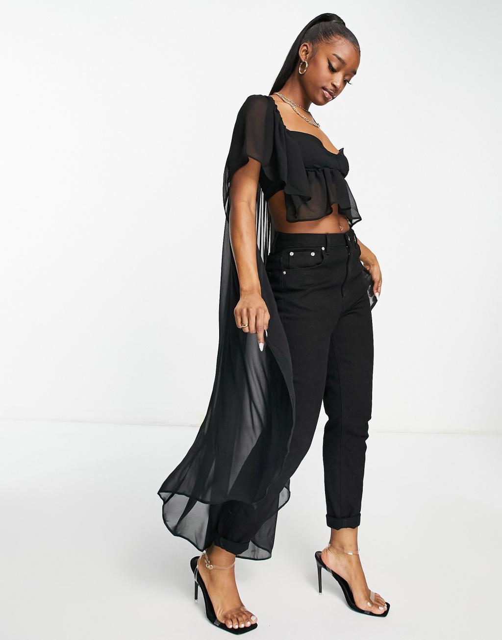 ASOS LUXE chiffon cupped crop top with high low hem in black Product Image