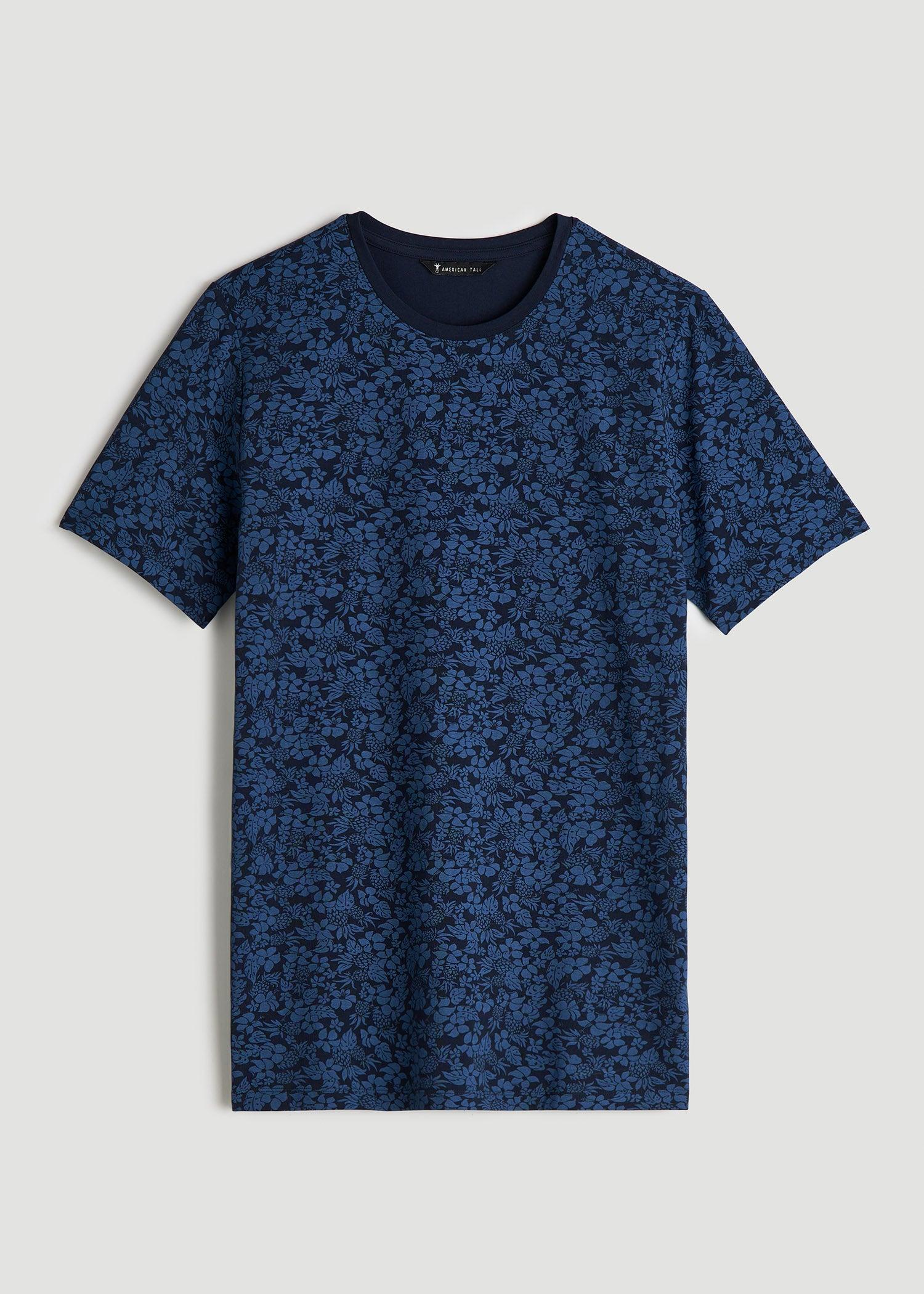 Stretch Pima Cotton Printed Tee for Tall Men in Blue Hibiscus Product Image