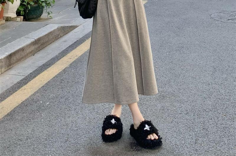 Long-Sleeve Collared Plain Knit Maxi A-Line Dress Product Image