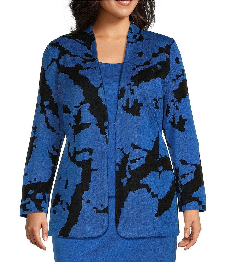 Ming Wang Plus Size Jacquard Knit Abstract Print Point Collar Long Sleeves Tailored Jacket Product Image