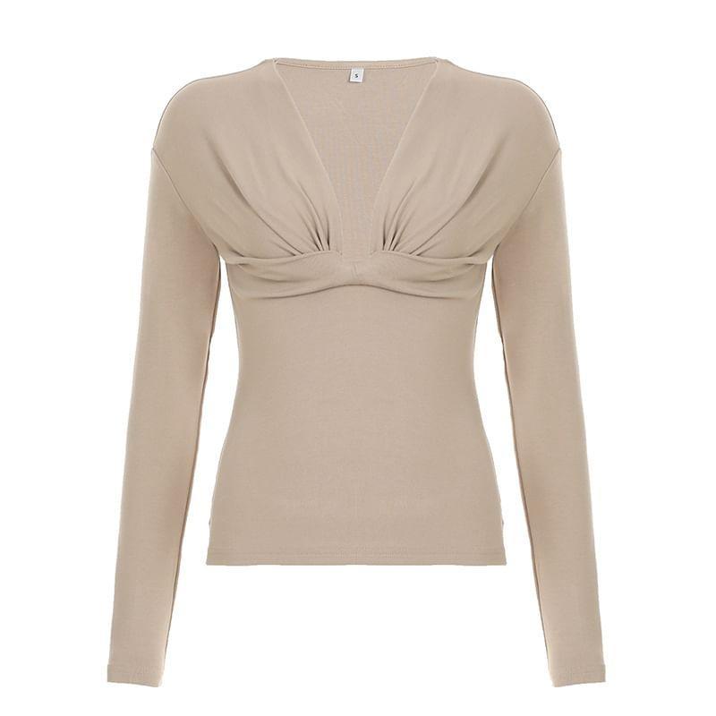 Long Sleeve V-Neck Plain Ruched Front Tee Product Image